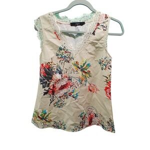 Leani Floral Lace‎ Trim Tank Top Small Tan Multicolor Cottagecore Romantic Boho